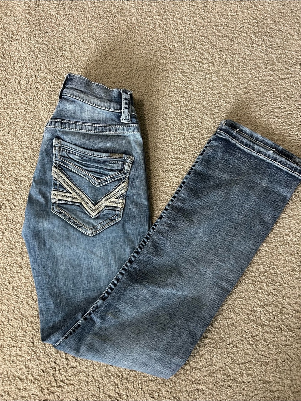 Buckle Men’s Light Blue Bootcut Jeans with Embroidered Back Pocket